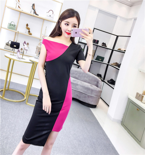 Modern női aszimmetrikus ruha, rövid ujjal