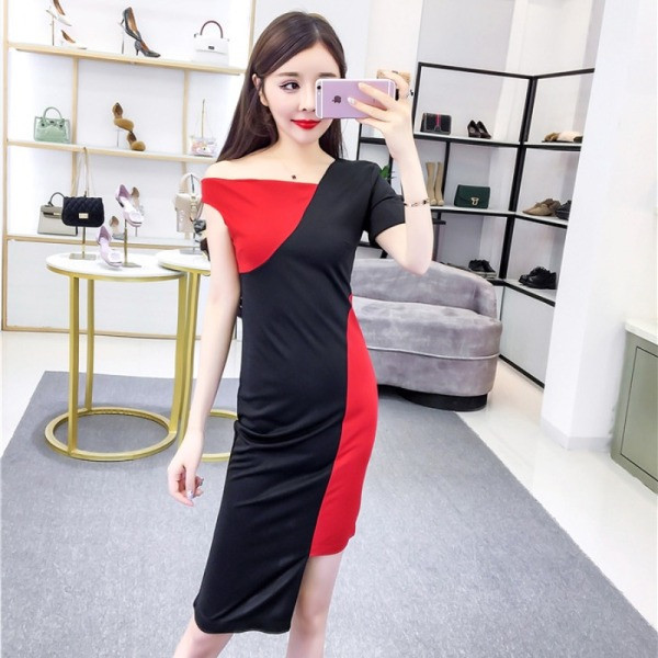 Modern női aszimmetrikus ruha, rövid ujjal