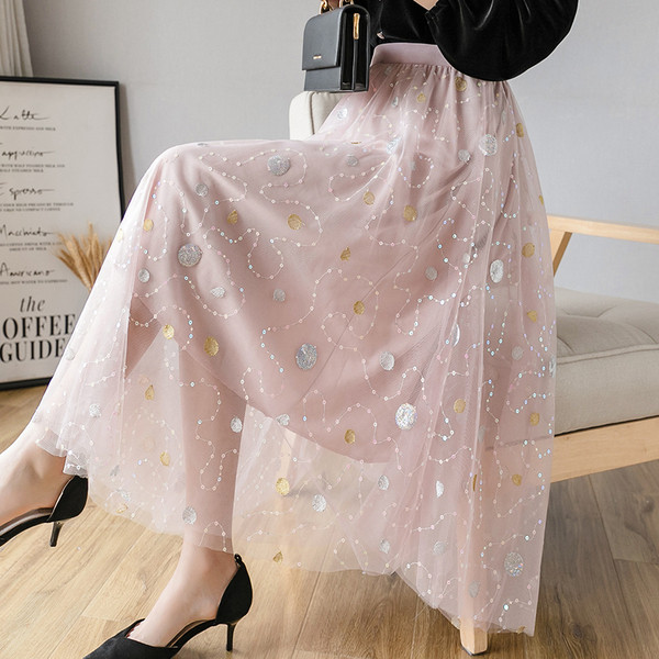 Fusta de dama din tul cu buline model nou - talie inalta