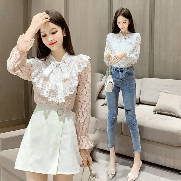 Elegantiški moteriški marškiniai su varlyte ir apykakle su kaspinu