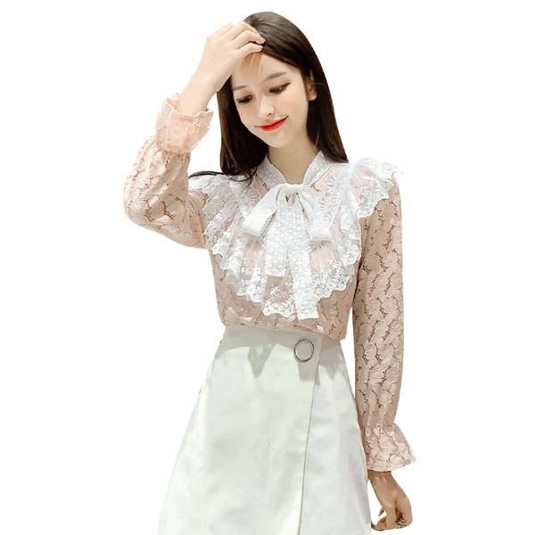 Elegantiški moteriški marškiniai su varlyte ir apykakle su kaspinu