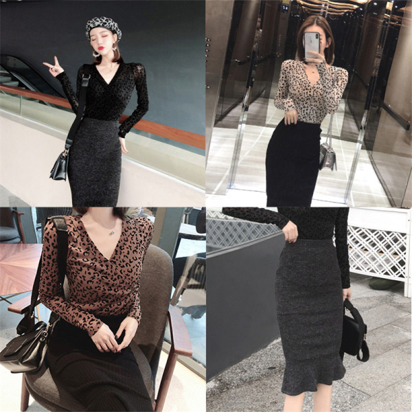 Šiuolaikinė moteriška palaidinė su V formos iškirpte ir leopardo raštu