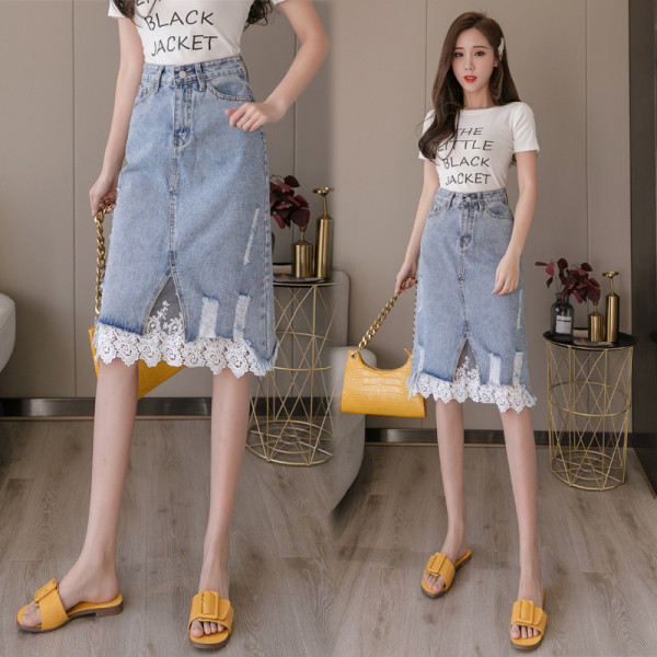 Női farmer szoknya magas derékkal és csipke elemekkel