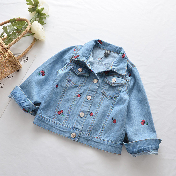 Mūsdienīga bērnu džinsa jaka ar izšuvumiem un pogām meitenēm