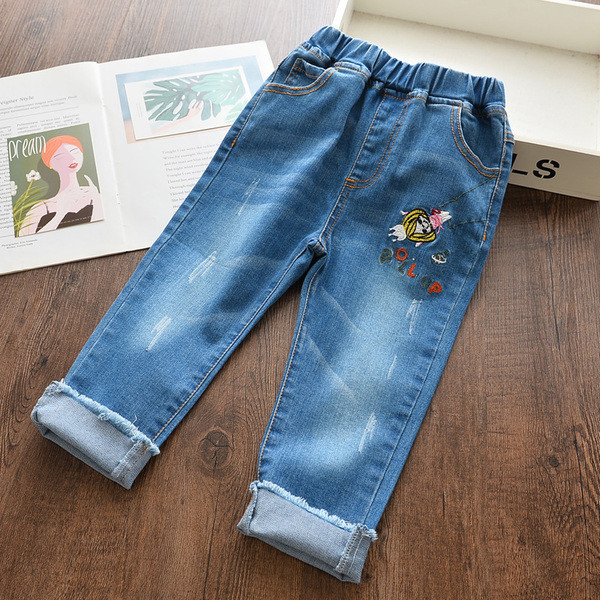 Új modell hosszú gyerekfarmer hímzéssel és szakadt motívumokkal lányoknak