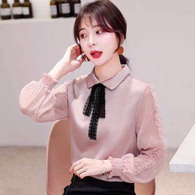 Moteriški šifoniniai marškiniai su klasikine apykakle ir raišteliais