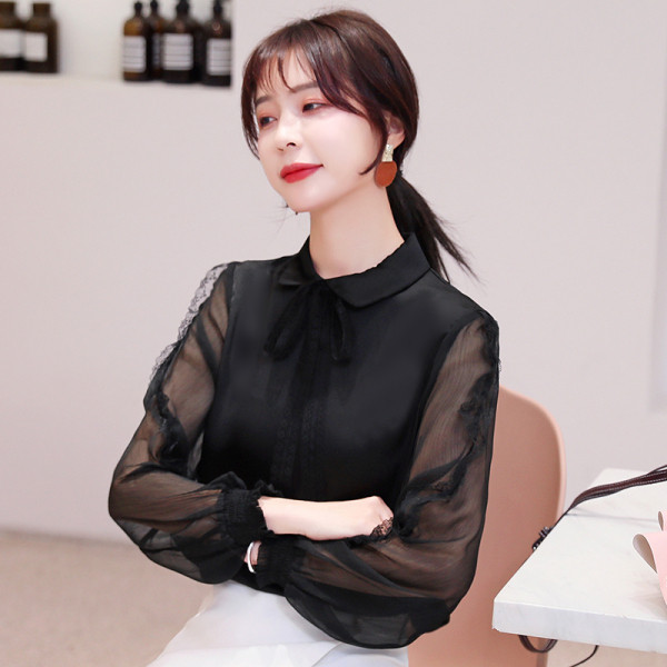 Moteriški šifoniniai marškiniai su klasikine apykakle ir raišteliais