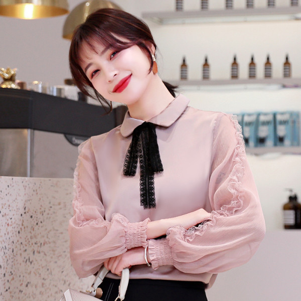 Moteriški šifoniniai marškiniai su klasikine apykakle ir raišteliais