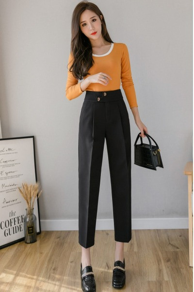 Stilīgas sieviešu taisna modeļa bikses ar augstu vidukli un 9/10 garumu