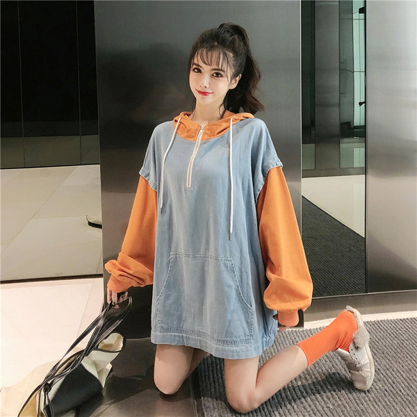 Hanorac lung de dama cu gluga si fermoar - model larg