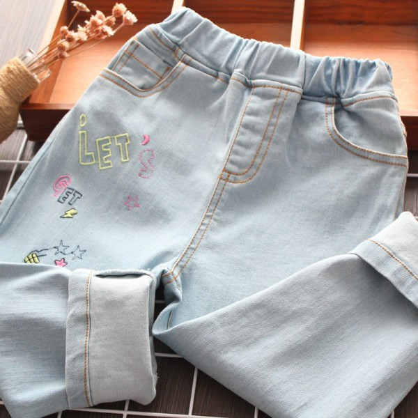 Vaikiški džinsai mergaitėms su mėlynos spalvos siuvinėjimais