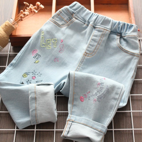 Vaikiški džinsai mergaitėms su mėlynos spalvos siuvinėjimais