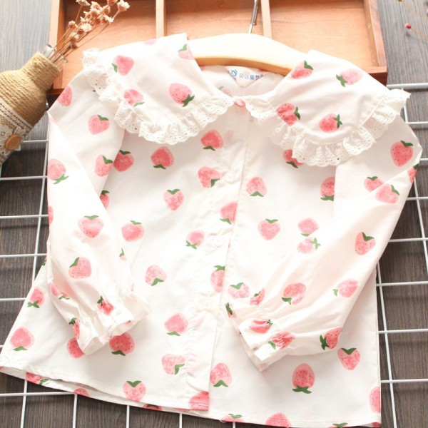 Mūsdienīgs bērnu krekls ar ovālu zemeņu kakla izgriezumu meitenēm