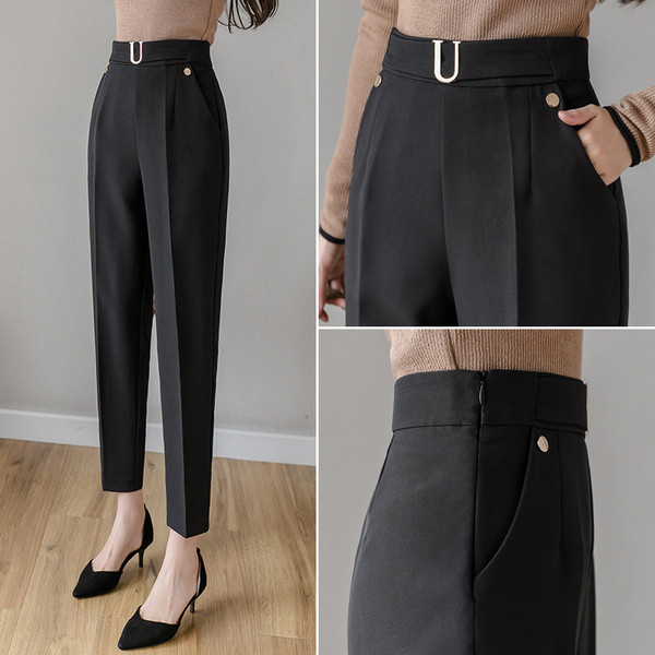 Stilīgas melnas sieviešu taisnas bikses ar augstu vidukli un jostu