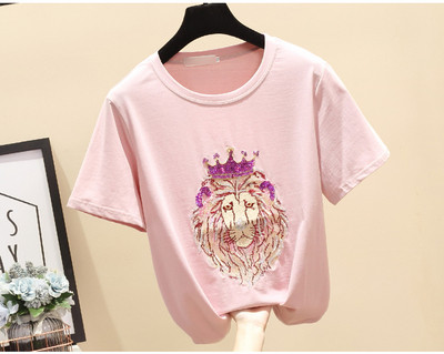 Modernūs moteriški marškinėliai su ovalia iškirpte, trumpomis rankovėmis ir liūto formos siuvinėjimais