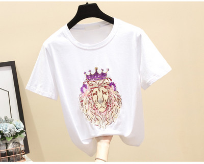 Modernūs moteriški marškinėliai su ovalia iškirpte, trumpomis rankovėmis ir liūto formos siuvinėjimais