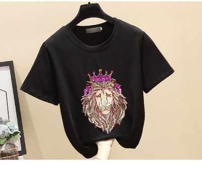 Modernūs moteriški marškinėliai su ovalia iškirpte, trumpomis rankovėmis ir liūto formos siuvinėjimais