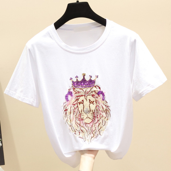 Modernūs moteriški marškinėliai su ovalia iškirpte, trumpomis rankovėmis ir liūto formos siuvinėjimais