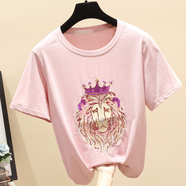 Modernūs moteriški marškinėliai su ovalia iškirpte, trumpomis rankovėmis ir liūto formos siuvinėjimais