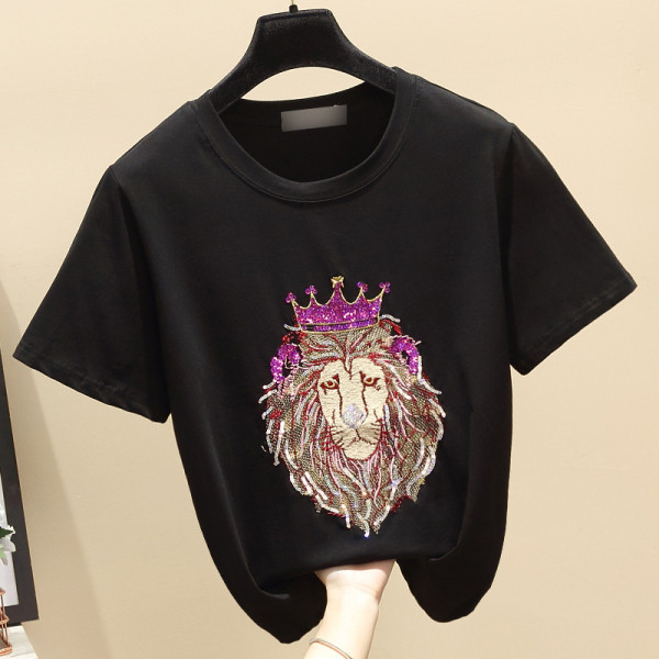 Modernūs moteriški marškinėliai su ovalia iškirpte, trumpomis rankovėmis ir liūto formos siuvinėjimais