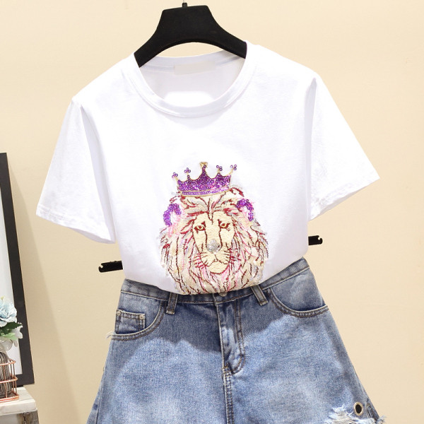 Modernūs moteriški marškinėliai su ovalia iškirpte, trumpomis rankovėmis ir liūto formos siuvinėjimais