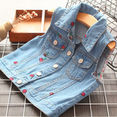 Šiuolaikinė vaikiška džinsinė liemenė mergaitėms su mėlynos spalvos siuvinėjimais