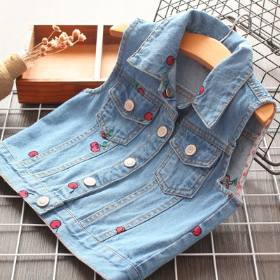 Šiuolaikinė vaikiška džinsinė liemenė mergaitėms su mėlynos spalvos siuvinėjimais