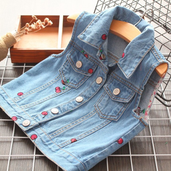 Šiuolaikinė vaikiška džinsinė liemenė mergaitėms su mėlynos spalvos siuvinėjimais