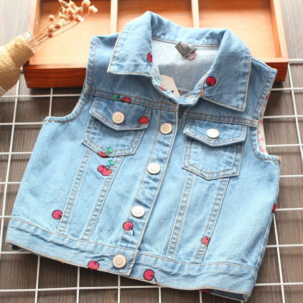 Šiuolaikinė vaikiška džinsinė liemenė mergaitėms su mėlynos spalvos siuvinėjimais