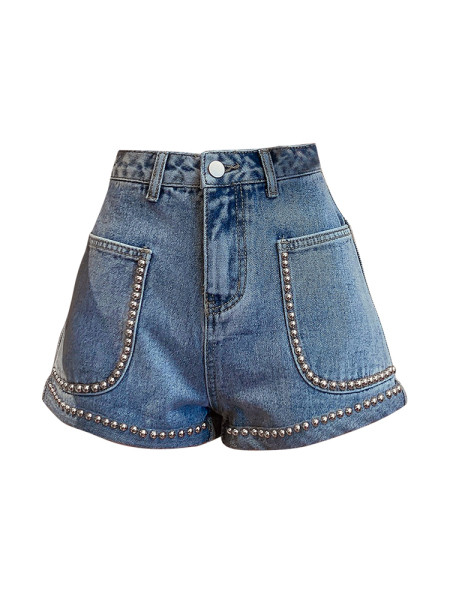 Šiuolaikiniai moteriški šortai aukštu juosmeniu ir metaliniais elementais