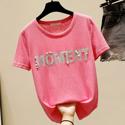 Moteriški laisvalaikio marškinėliai su užrašu ir karoliukais