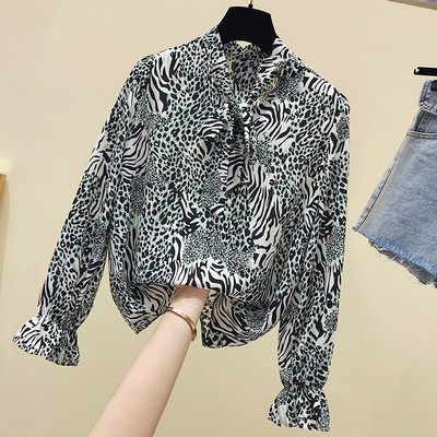 Šiuolaikiniai moteriški marškiniai su gyvūnų raštu ir apykakle su kaspinu