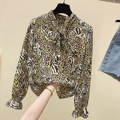 Šiuolaikiniai moteriški marškiniai su gyvūnų raštu ir apykakle su kaspinu