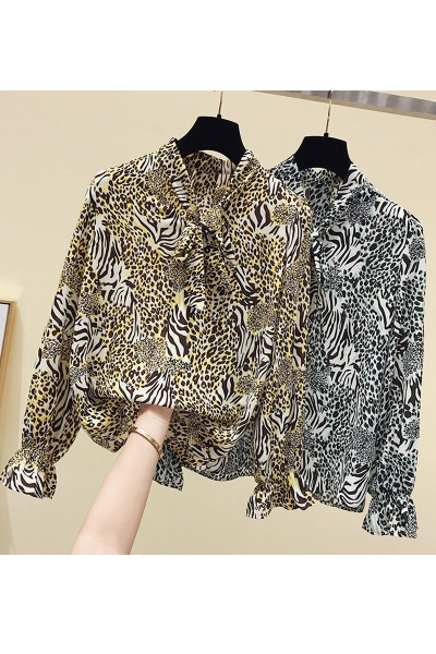 Šiuolaikiniai moteriški marškiniai su gyvūnų raštu ir apykakle su kaspinu