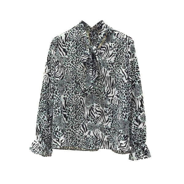 Šiuolaikiniai moteriški marškiniai su gyvūnų raštu ir apykakle su kaspinu