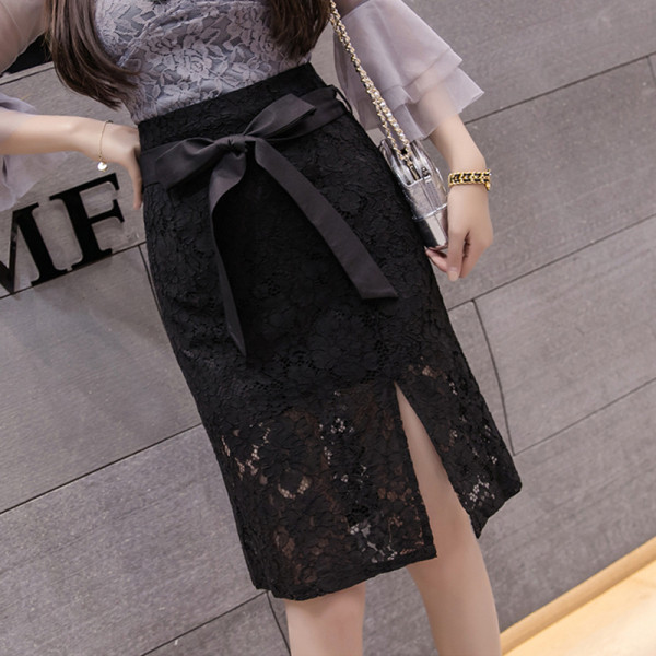 Moteriškas nėriniuotas sijonas su diržu ir aukštu juosmeniu