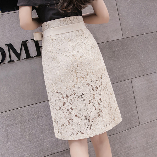 Moteriškas nėriniuotas sijonas su diržu ir aukštu juosmeniu