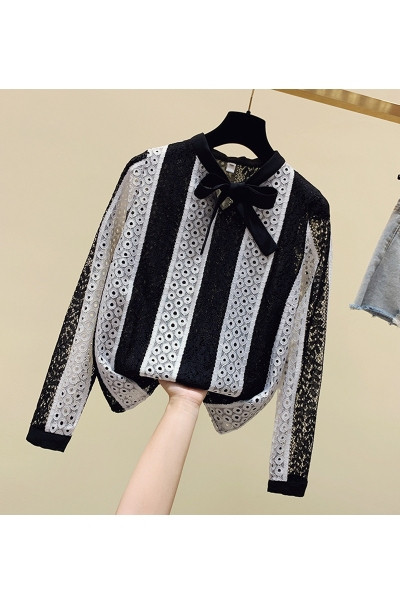 Naujo modelio nėriniuoti moteriški marškiniai ilgomis rankovėmis ir kaspinu