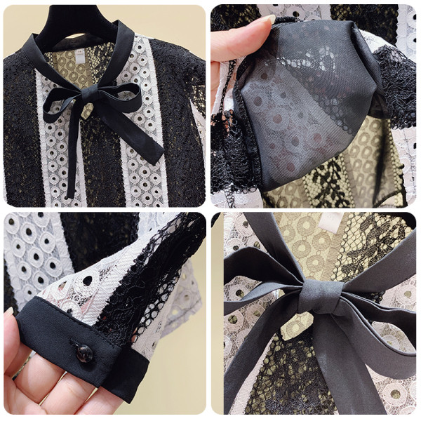 Naujo modelio nėriniuoti moteriški marškiniai ilgomis rankovėmis ir kaspinu