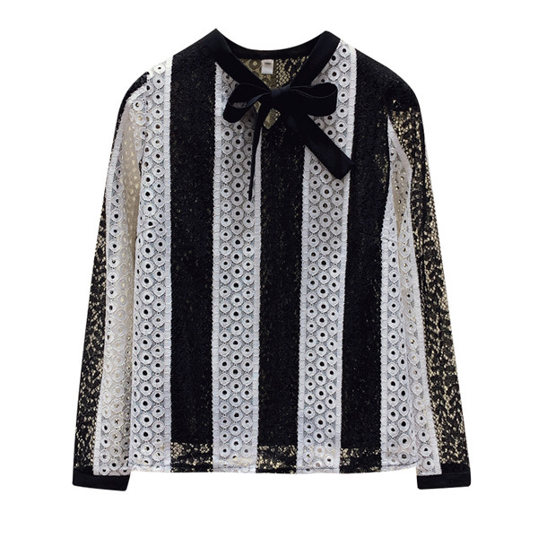 Naujo modelio nėriniuoti moteriški marškiniai ilgomis rankovėmis ir kaspinu