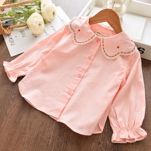 Naujo modelio vaikiški marškiniai ilgomis rankovėmis ir siuvinėjimais ant apykaklės