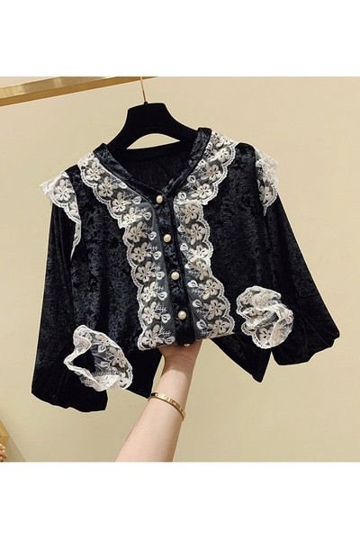 Aksominė moteriška palaidinė su V formos iškirpte ir nėriniais