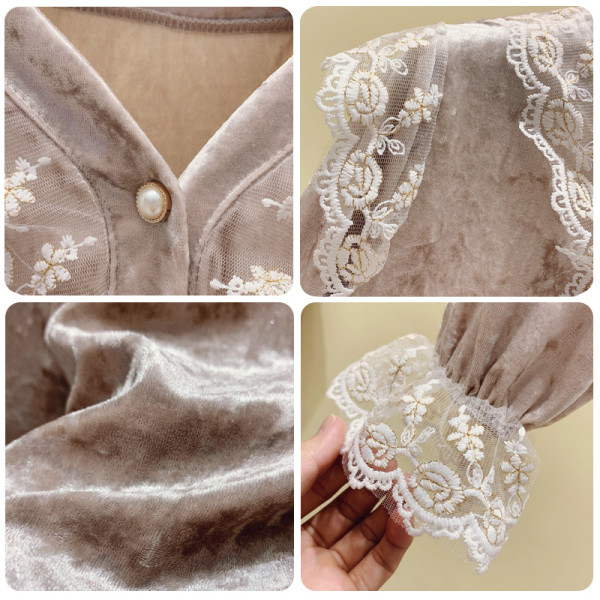 Aksominė moteriška palaidinė su V formos iškirpte ir nėriniais