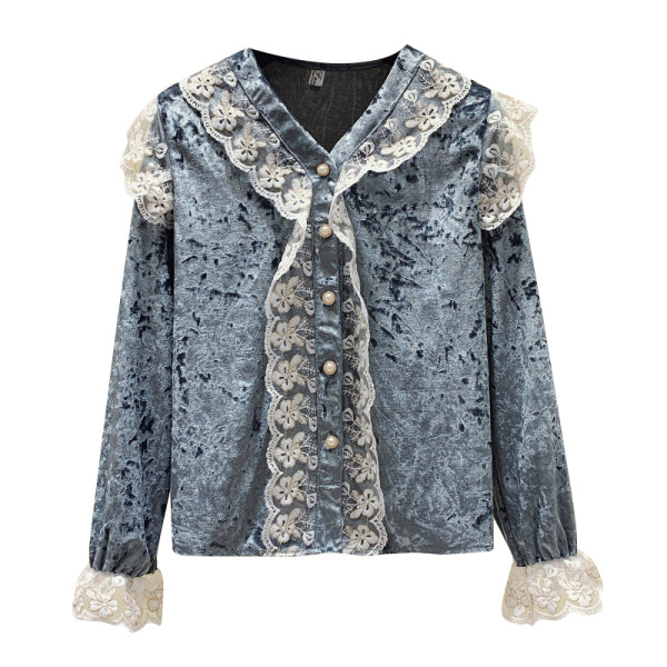 Aksominė moteriška palaidinė su V formos iškirpte ir nėriniais