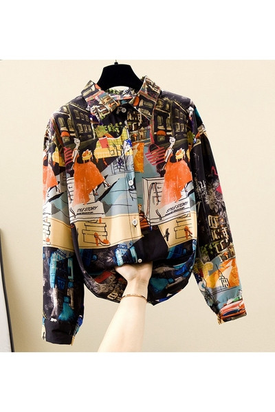 Jauns krāsaina sieviešu krekla modelis ar klasisku apkakli un garām piedurknēm