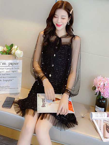 Moderna ženska duga haljina od tila i ukrasnih perli