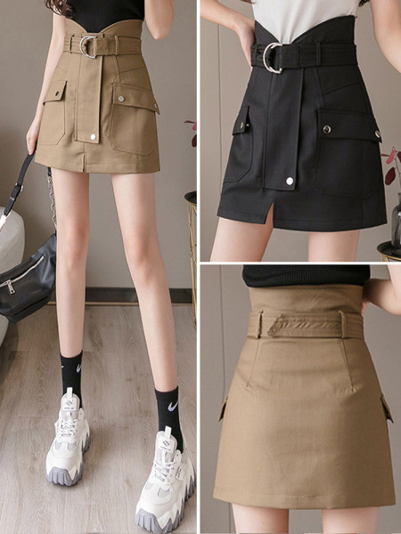 Fusta scurta de dama actuala cu talie inalta si buzunare model drepte