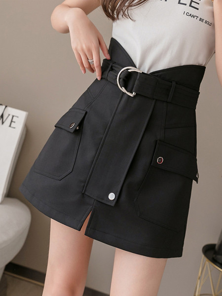 Fusta scurta de dama actuala cu talie inalta si buzunare model drepte