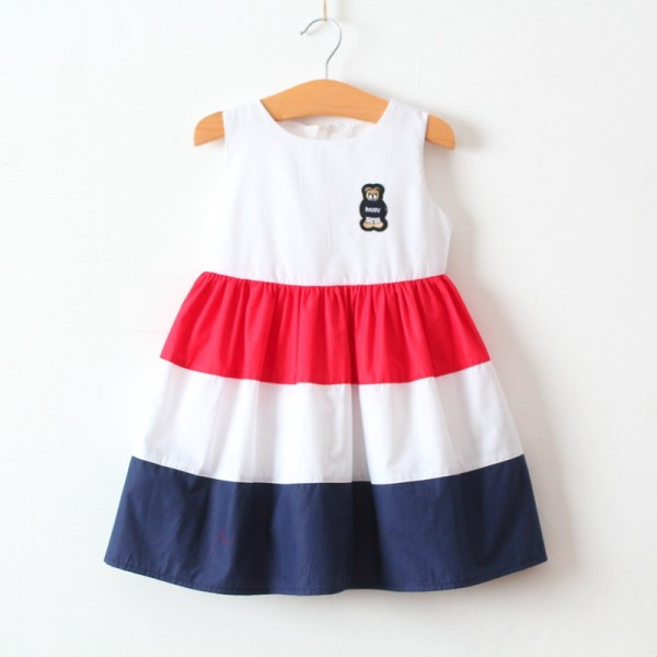 Šiuolaikinė vaikiška dryžuota suknelė su ovalia iškirpte ir siuvinėjimais