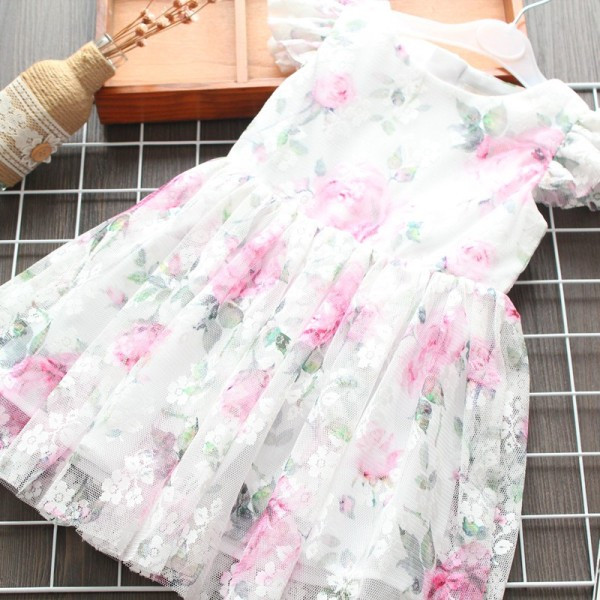 Moderna bērnu kleita meitenēm ar ziedu motīviem un tillu